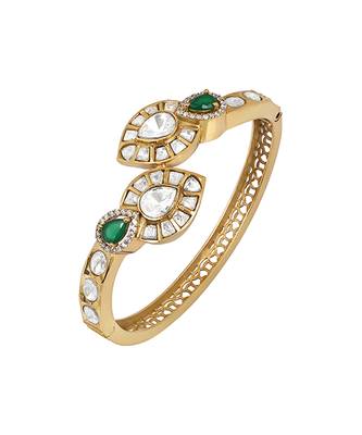 Green stones gold plated kundan polki bracelet 3