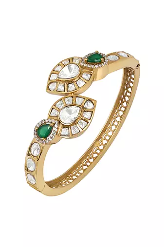 Green stones gold plated kundan polki bracelet