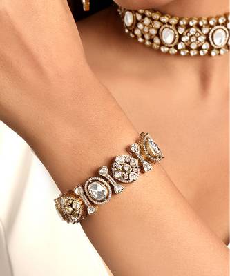Gold plated kundan polki heavy segmented bracelet 1