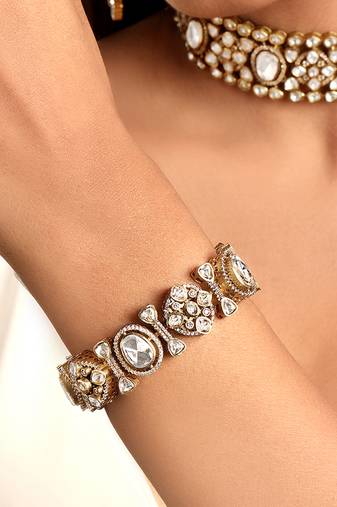 Gold plated kundan polki heavy segmented bracelet
