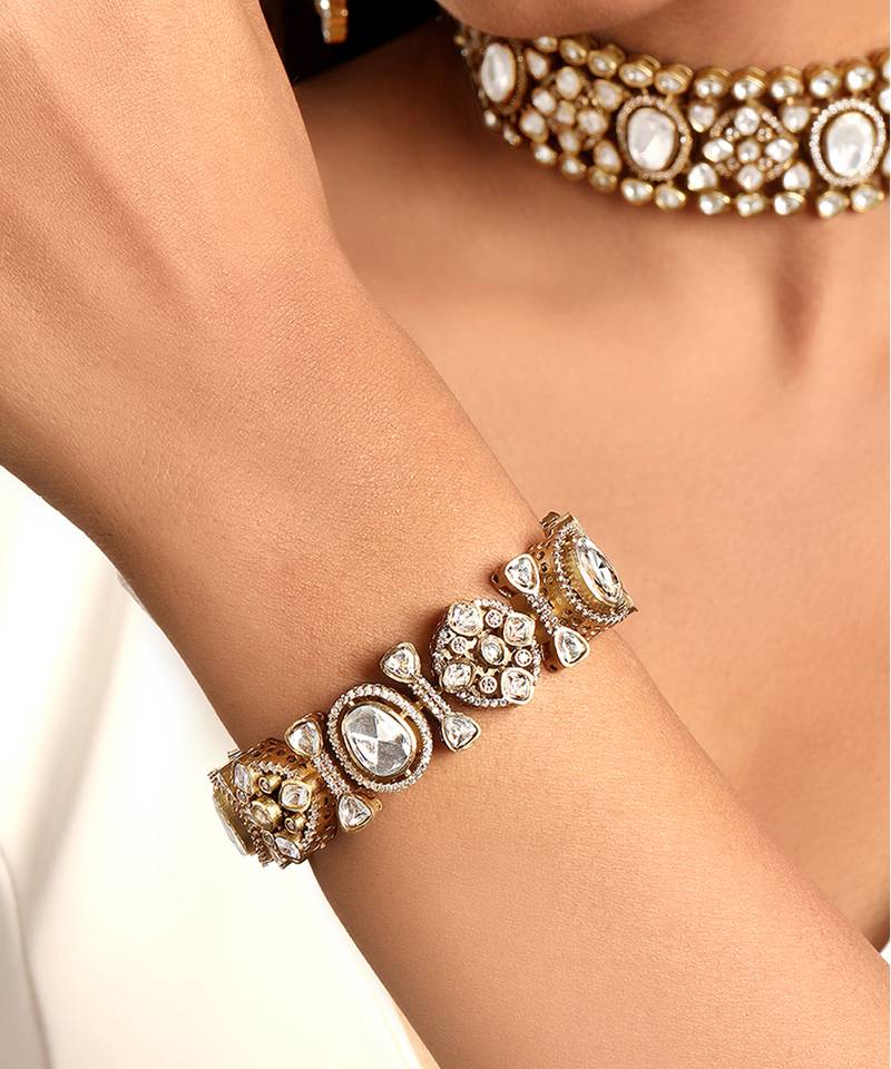 Gold plated kundan polki heavy segmented bracelet