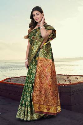 Green Banarasi Cotton Silk Saree with Red Woven Pallu and Traditional Zari Design 1