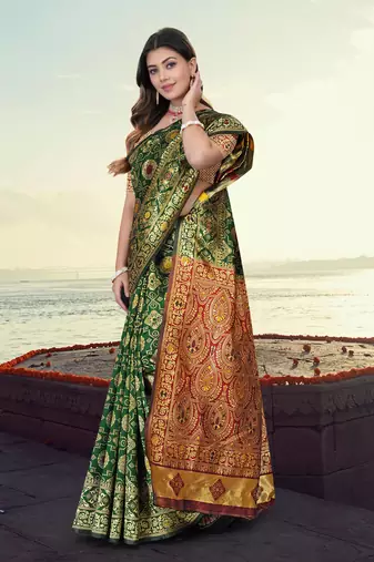 Green Banarasi Cotton Silk Saree with Red Woven Pallu and Traditional Zari Design