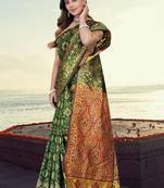 Green Banarasi Cotton Silk Saree with Red Woven Pallu and Traditional Zari Design