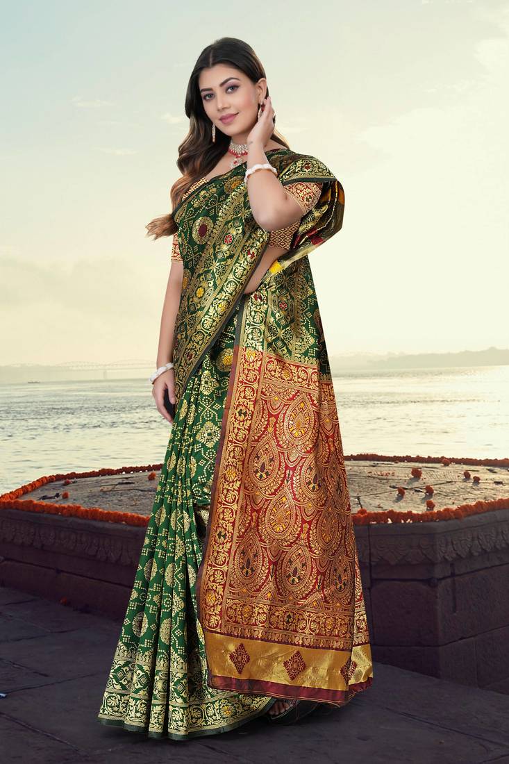 Green Banarasi Cotton Silk Saree with Red Woven Pallu and Traditional Zari Design