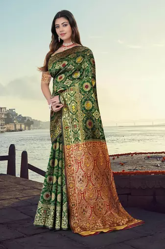 Green Banarasi Cotton Silk Saree with Red Woven Pallu and Traditional Zari Design