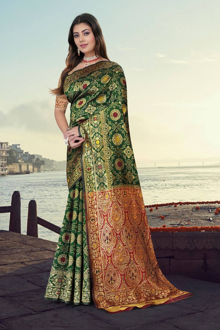 Green Banarasi Cotton Silk Saree with Red Woven Pallu and Traditional Zari Design