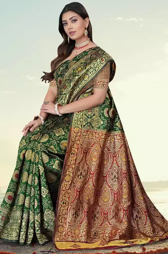 Green Banarasi Cotton Silk Saree with Red Woven Pallu and Traditional Zari Design