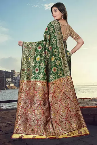 Green Banarasi Cotton Silk Saree with Red Woven Pallu and Traditional Zari Design