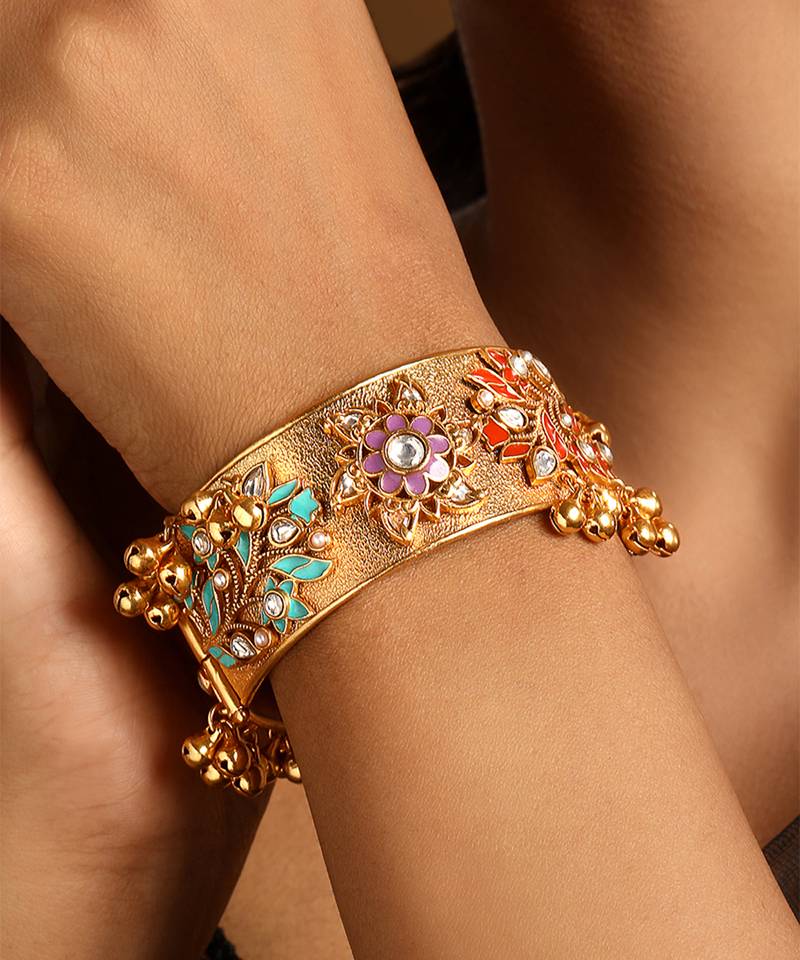 Gold plated multicolor kundan enamel kada