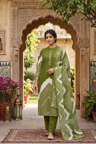 Olive Green Leheriya Print Kurta Set
