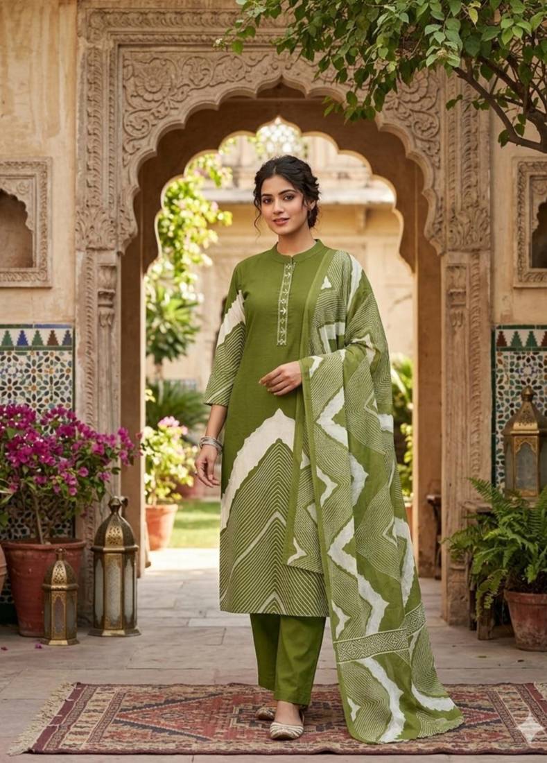 Olive Green Leheriya Print Kurta Set