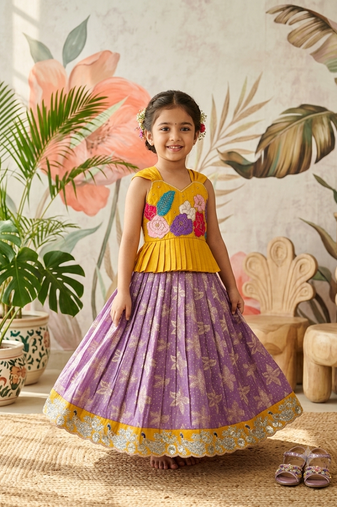 Festivewear lavender viscose tissue embroidered lace gown with maggam work koti