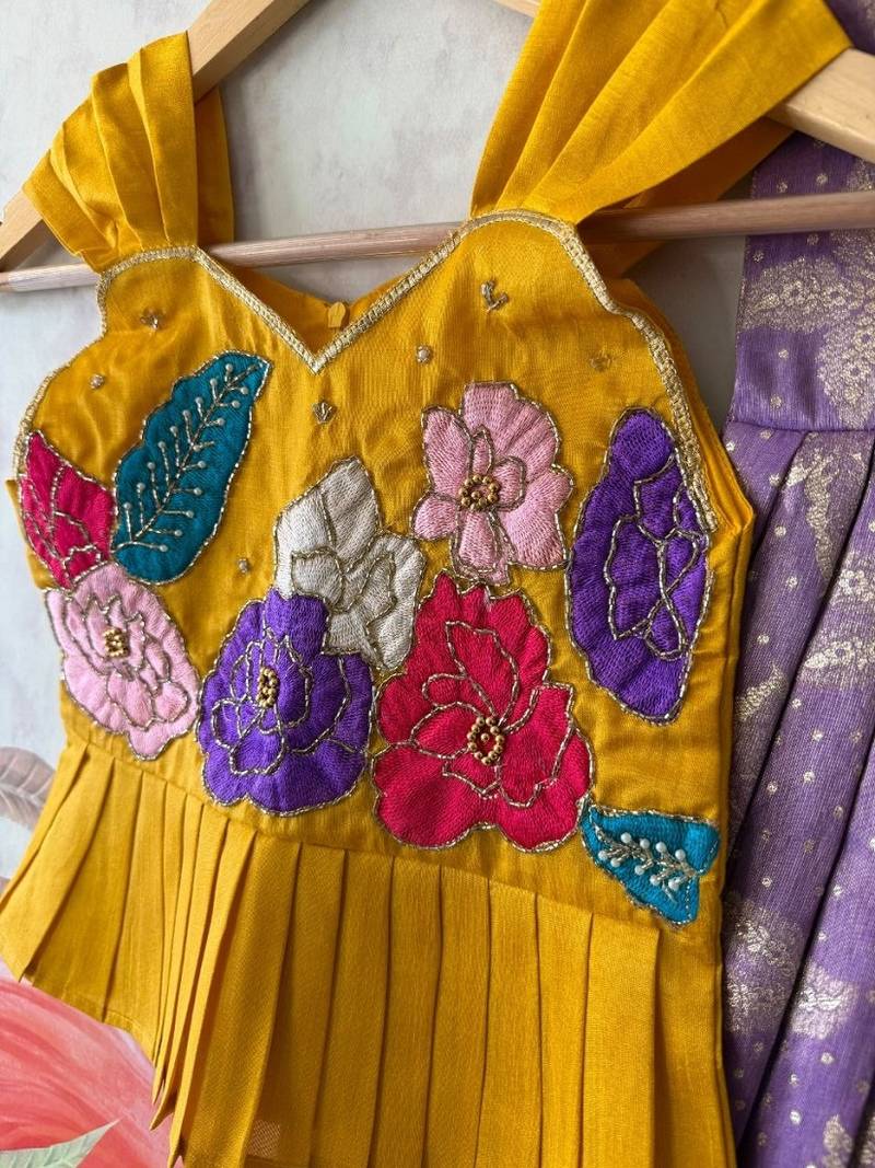 Festivewear lavender viscose tissue embroidered lace gown with maggam work koti