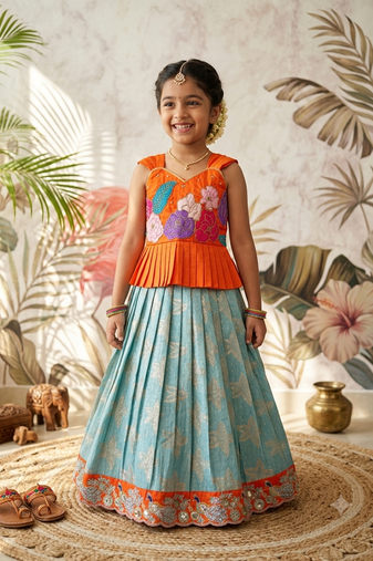 Festivewear skyblue viscose tissue embroidered lace gown with maggam work koti