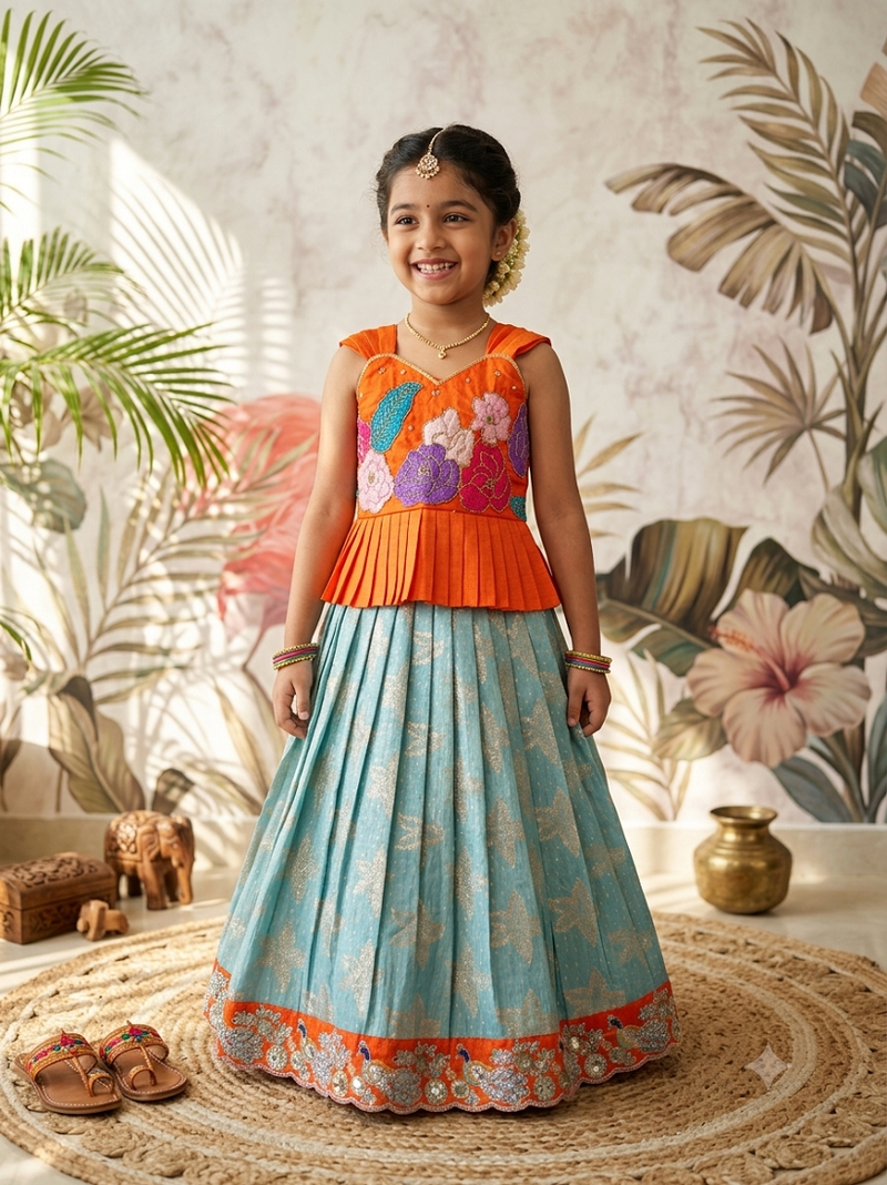 Festivewear skyblue viscose tissue embroidered lace gown with maggam work koti