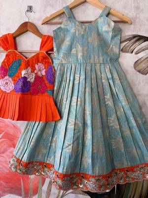 Festivewear skyblue viscose tissue embroidered lace gown with maggam work koti 2