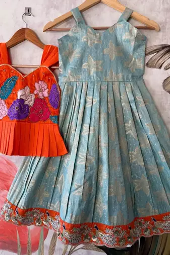 Festivewear skyblue viscose tissue embroidered lace gown with maggam work koti