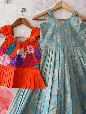 Festivewear skyblue viscose tissue embroidered lace gown with maggam work koti 3