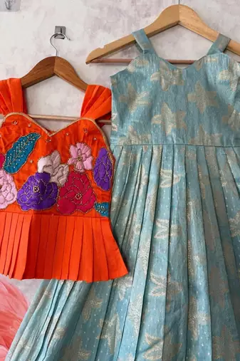 Festivewear skyblue viscose tissue embroidered lace gown with maggam work koti