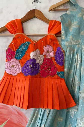 Festivewear skyblue viscose tissue embroidered lace gown with maggam work koti