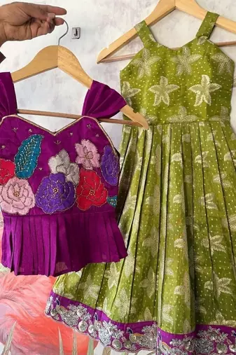 Festivewear perrot viscose tissue embroidered lace gown with maggam work koti