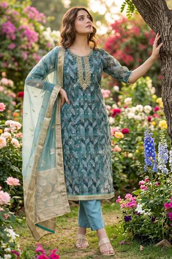 Teal blue organza banarasi handwork suit set with dupatta
