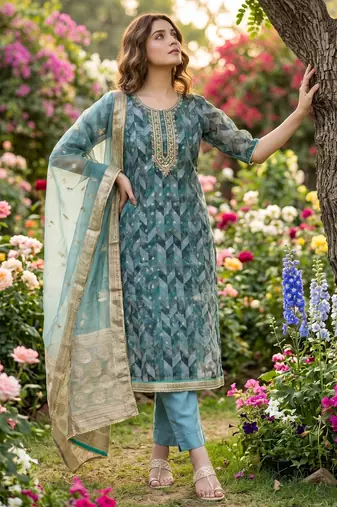 Teal blue organza banarasi handwork suit set with dupatta