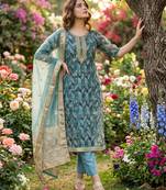 Teal blue organza banarasi handwork suit set with dupatta