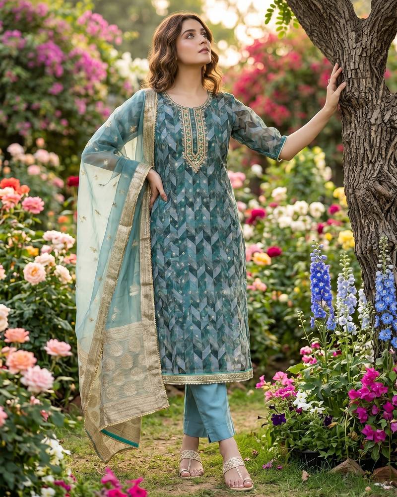 Teal blue organza banarasi handwork suit set with dupatta
