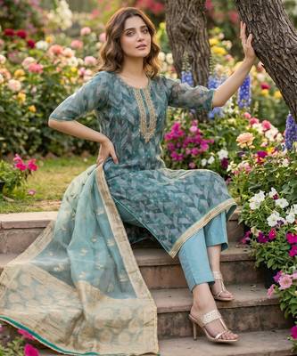 Teal blue organza banarasi handwork suit set with dupatta 2