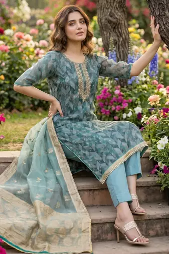 Teal blue organza banarasi handwork suit set with dupatta