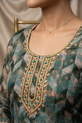 Teal blue organza banarasi handwork suit set with dupatta 3