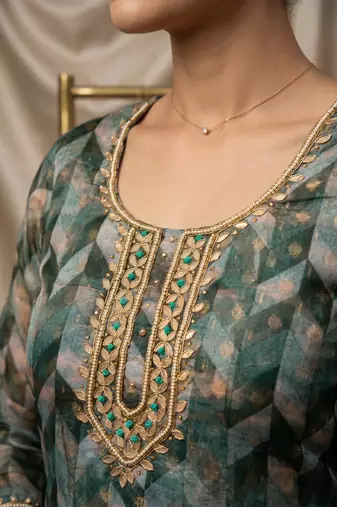 Teal blue organza banarasi handwork suit set with dupatta