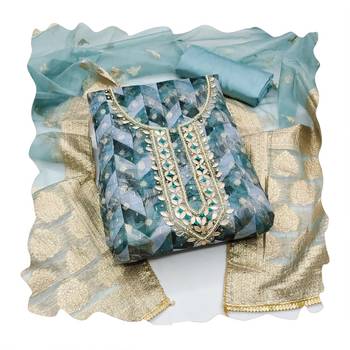 Teal blue organza banarasi handwork suit set with dupatta 4
