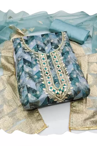 Teal blue organza banarasi handwork suit set with dupatta