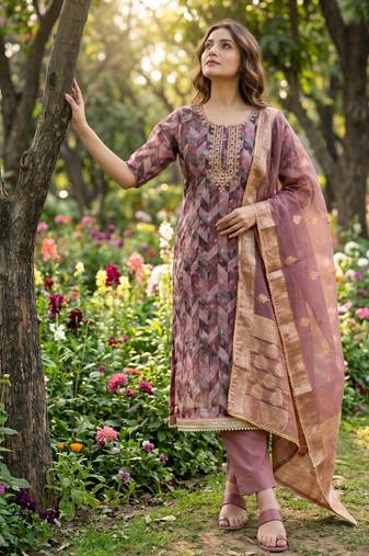 Pink organza banarasi handwork suit set with dupatta