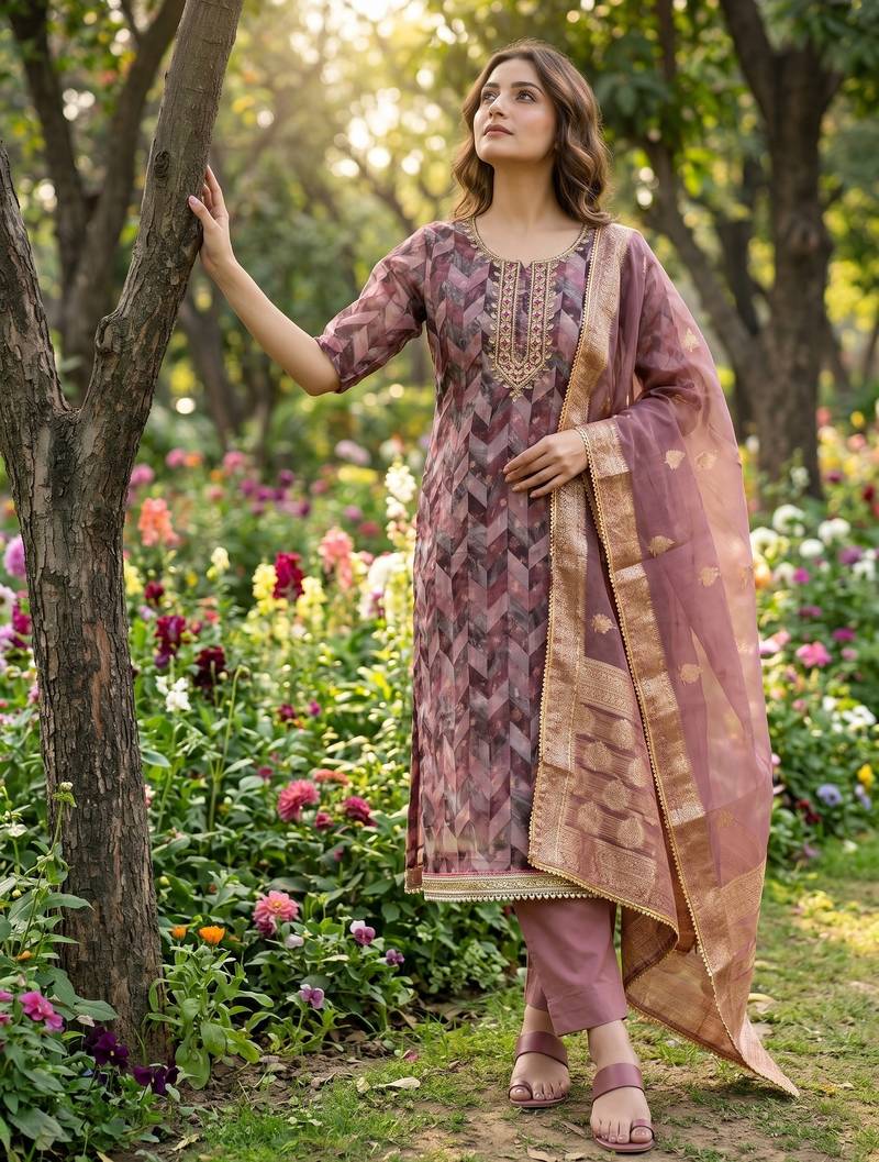 Pink organza banarasi handwork suit set with dupatta