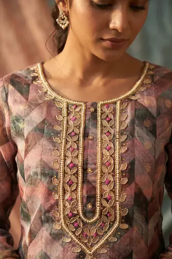 Pink organza banarasi handwork suit set with dupatta