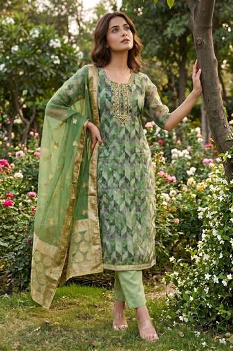 Green organza banarasi handwork suit set with dupatta