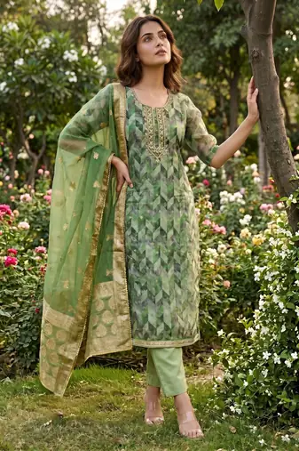 Green organza banarasi handwork suit set with dupatta