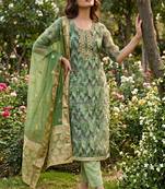 Green organza banarasi handwork suit set with dupatta