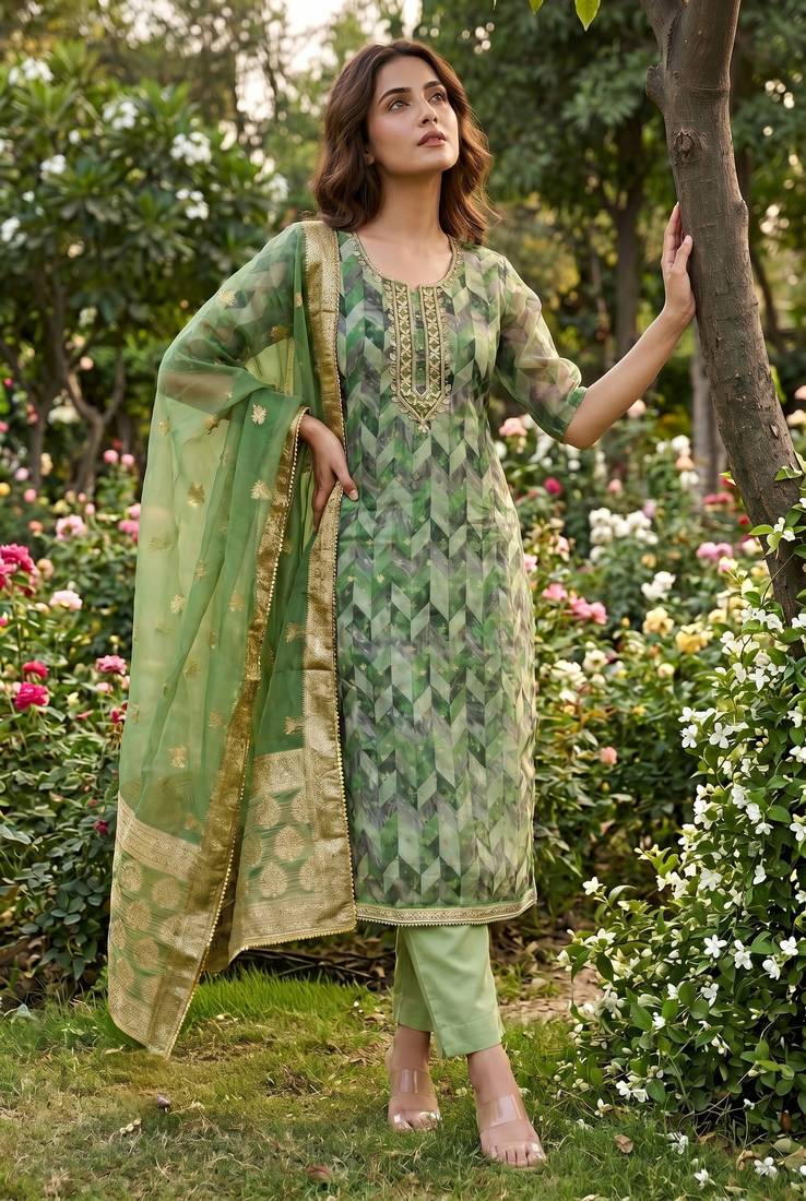 Green organza banarasi handwork suit set with dupatta