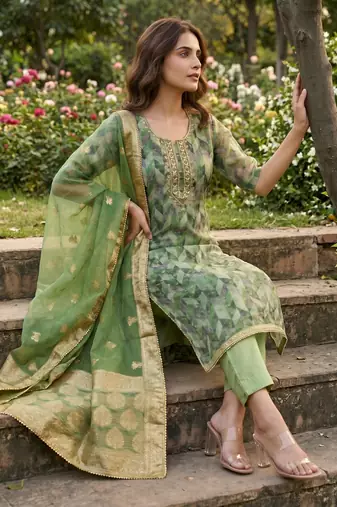 Green organza banarasi handwork suit set with dupatta