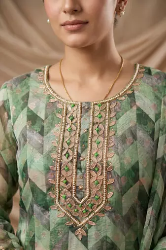 Green organza banarasi handwork suit set with dupatta