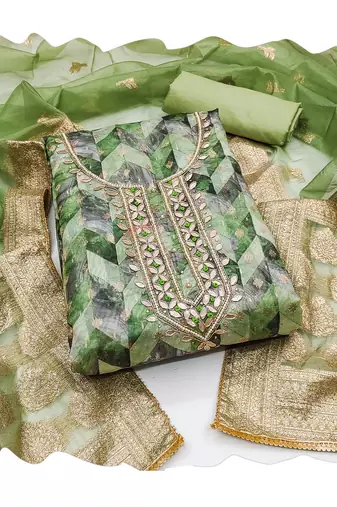 Green organza banarasi handwork suit set with dupatta