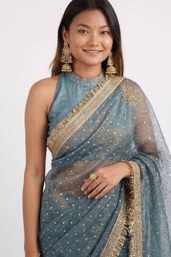Jimichoo jacquard embellished sequinned wedding wear saree