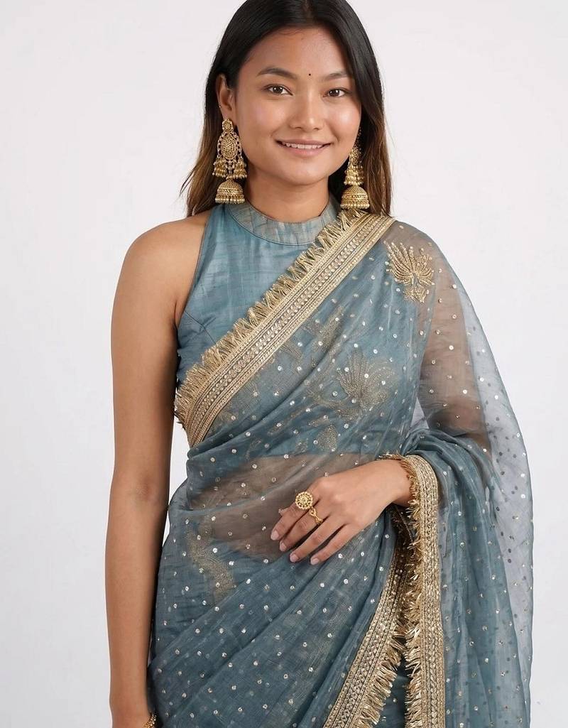 Jimichoo jacquard embellished sequinned wedding wear saree