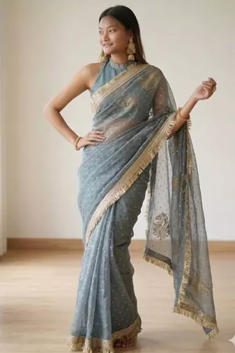 Jimichoo jacquard embellished sequinned wedding wear saree
