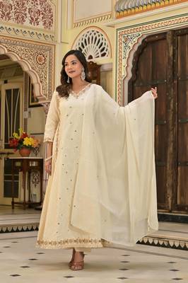 Ivory & Gold Hand-Embroidered Festive cotton Anarkali with Zari Border 1